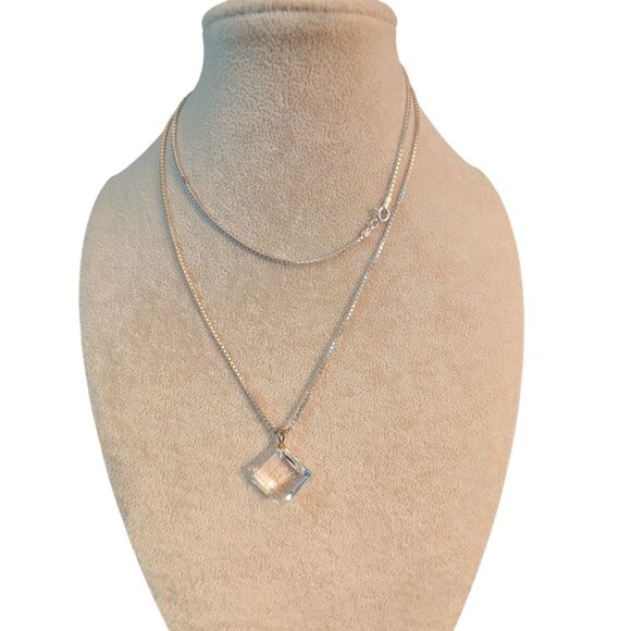 Italy Jewelry - 30-Inch Sterling Silver Necklace Square Crystal Pendant Italy 925 10g Elegant